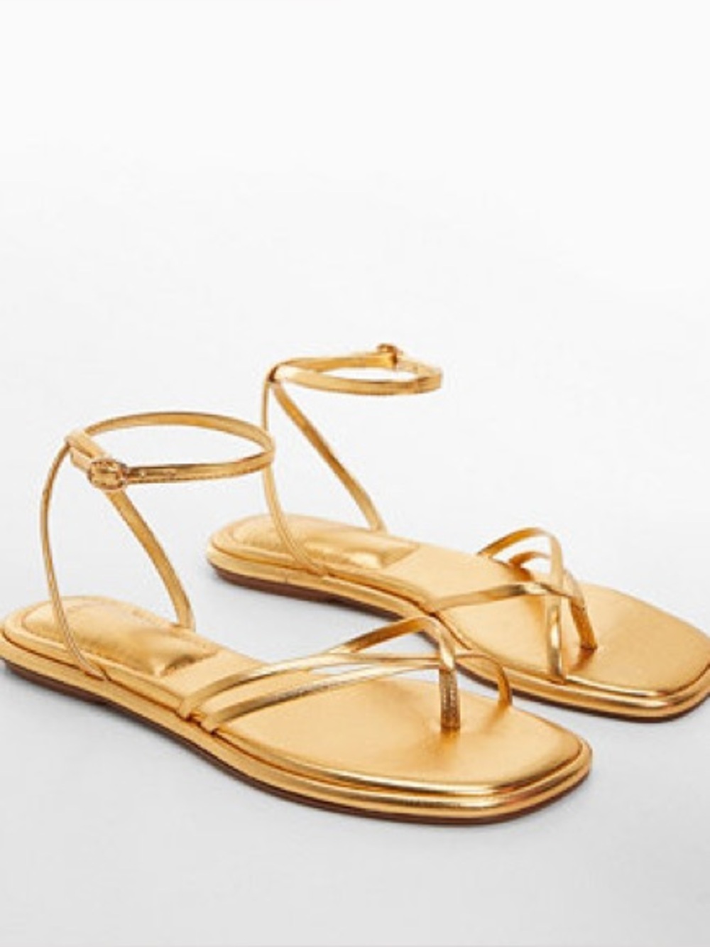 Mango Metallic Gold Ankle-Strap Flat Sandals